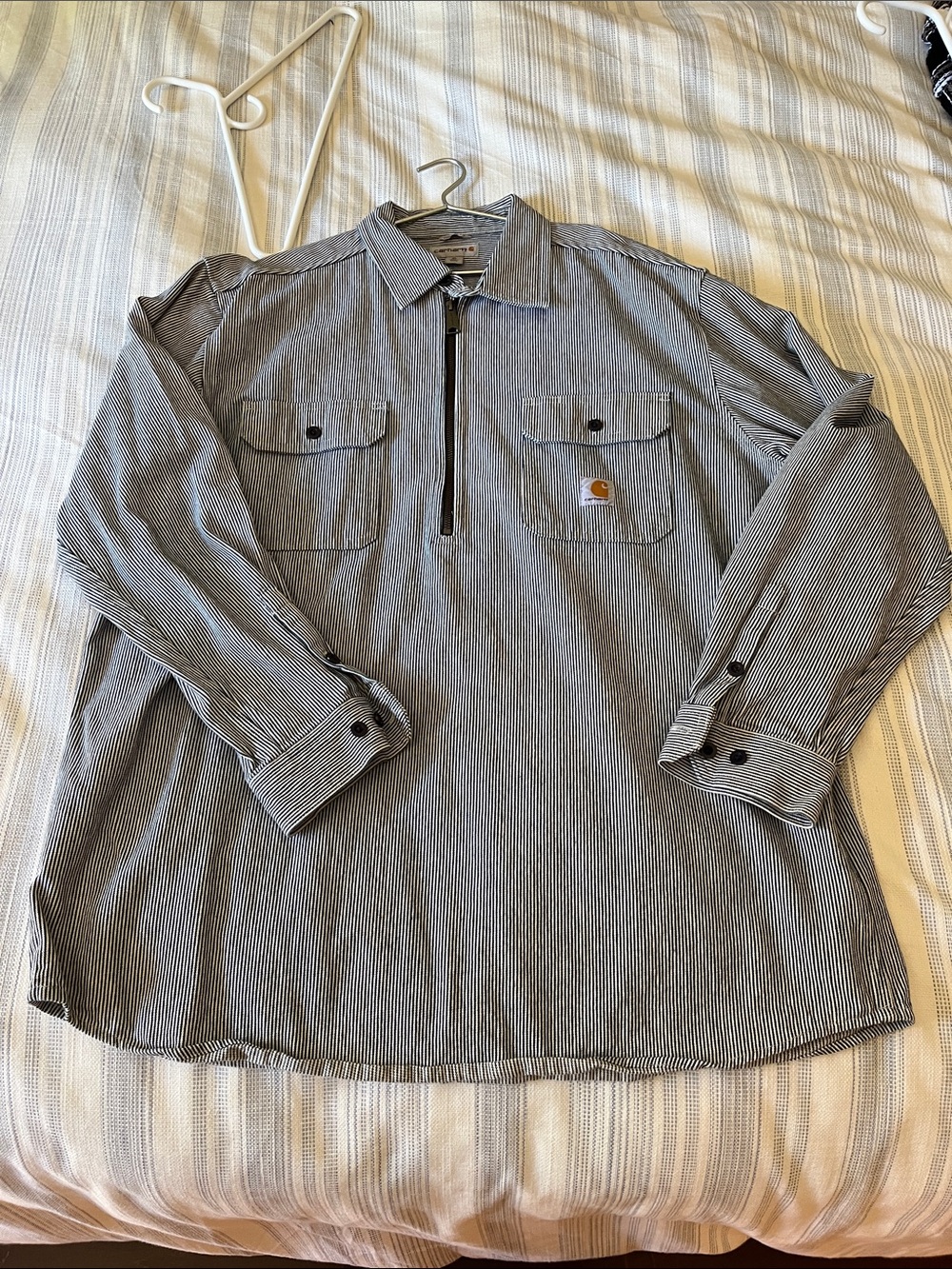 Carhartt blue and White Striped Half-Zip Work Shirt
